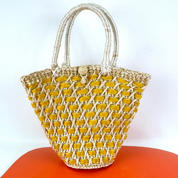 Vintage 70s straw and velvet woven purse, summer, vacation accessory - Picture 1 of 10